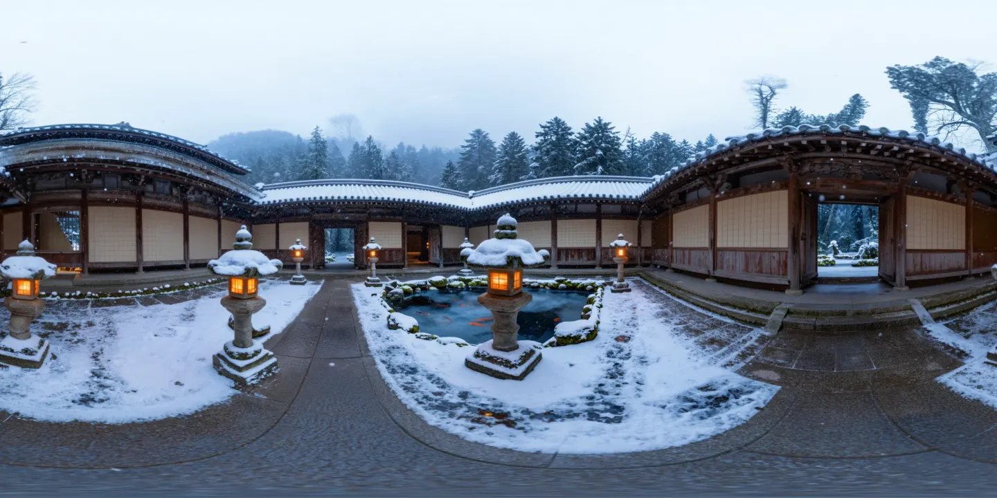 panorama of a snowy temple courtyard with stone lanterns