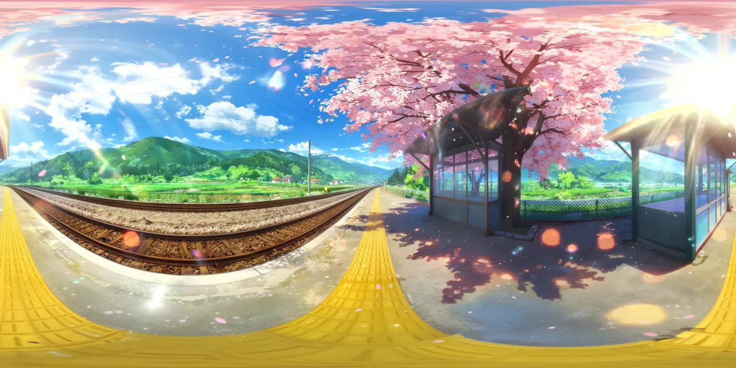 anime-style panorama of a rural train platform under a cherry tree